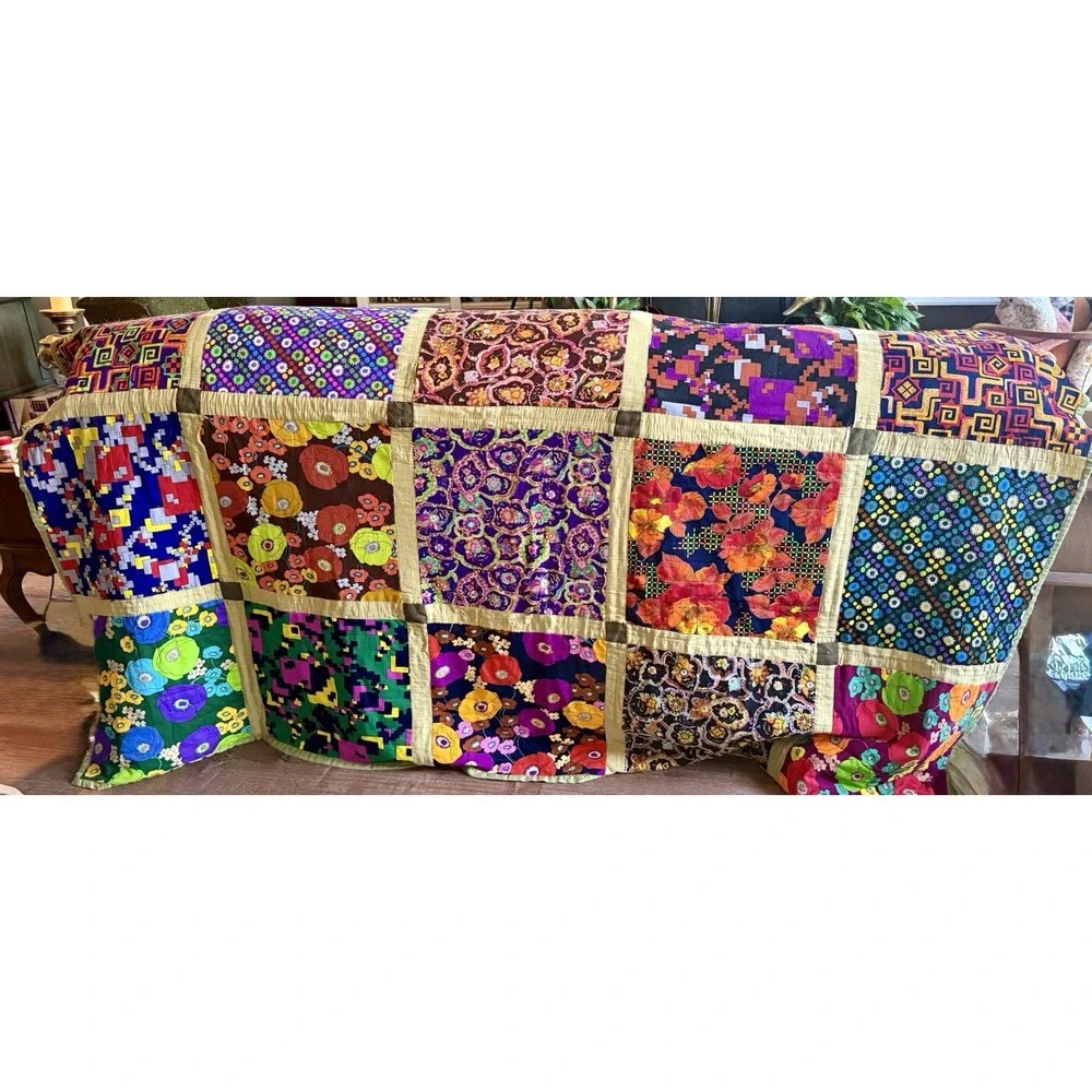 Handmade Vibrant Patchwork African Wax Print Fabric Quilt From Africa Vintage